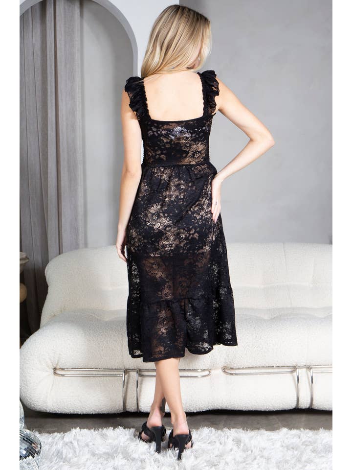 Loven x Mini Momo – Großhandel Kleid – Damen – Gemmoktes Spitzenkleid, ärmelloses Midikleid mit Tasche und Sommerrüschen2