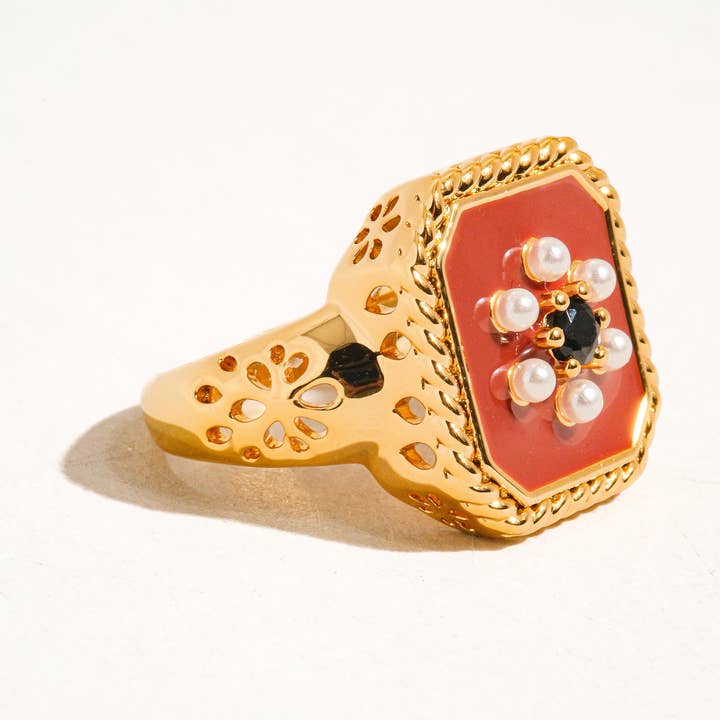 Rouge 18K Gold Red Enamel Vintage Adjustable Ring for wholesale on Faire