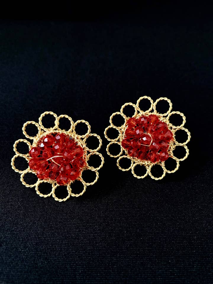 Wire Wrapped Earrings In Gold Plated-Handmade Stud Earrings-Artisan Wire Work Earrings-Bridal Earrings-Spiral Earrings-Red Flower Earrings for wholesale by Diana Wingert Jewelry