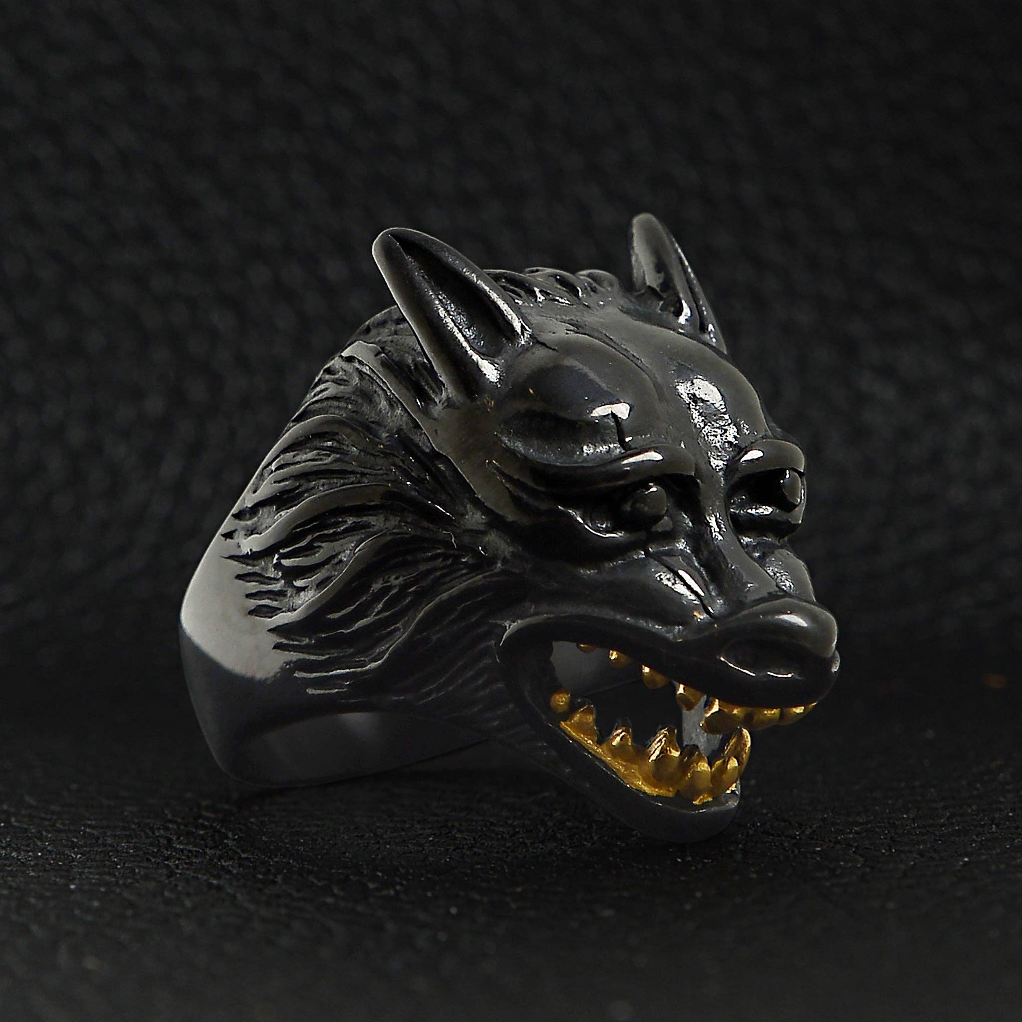 WJW - Wholesale Cocktail/Statement Ring - Stainless Steel Black Wolf With 18K Gold PVD Coated Teeth Ring4