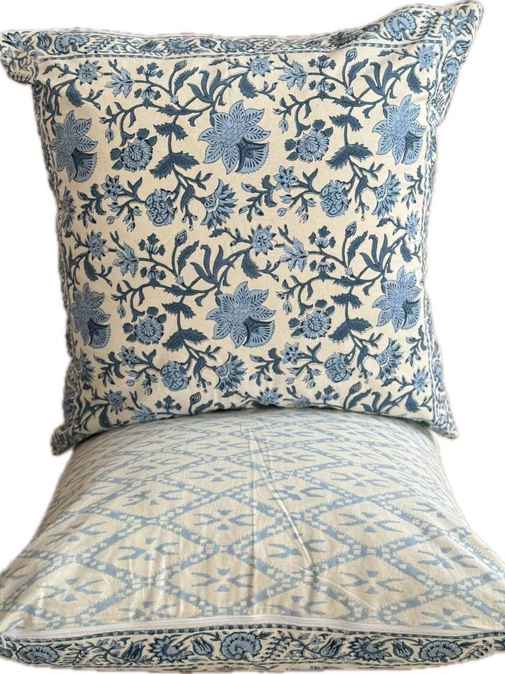 Set of 2 Block Printed Cushion Covers Blue on Off White for wholesale by Traditional Trinkets & Textiles