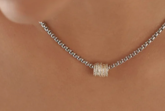 HoopLa - Vente Collier maille et chaîne - Collier à 5 anneaux en acier inoxydable, bicolore 14 carats et zircone cubique 2