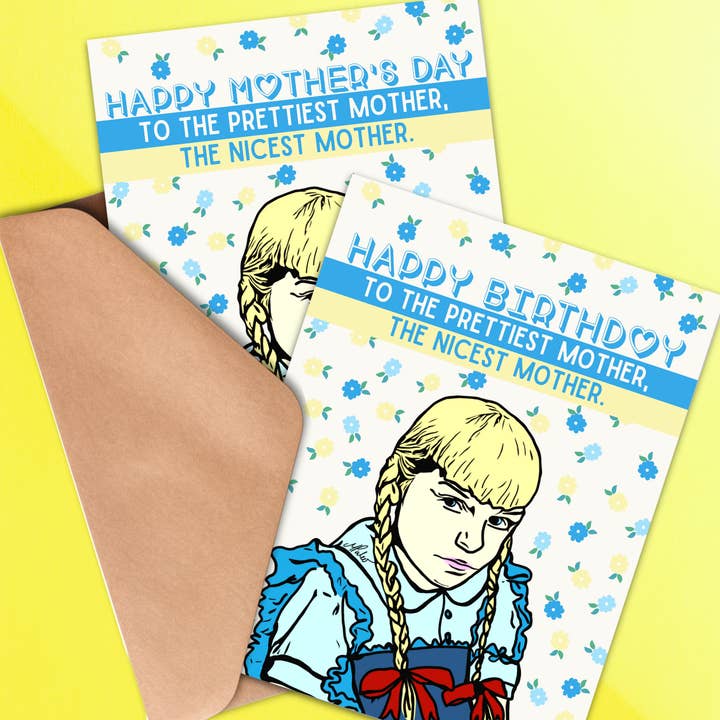 Bad Seed Rhoda Greeting Card for wholesale by Junkyard Bunnie LLC