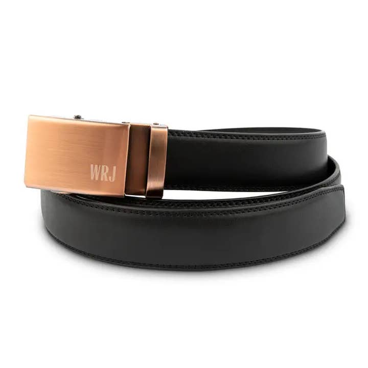 Men's Black Leather Belt - Monogrammed Copper Buckle for wholesale by Weddingstar Inc.