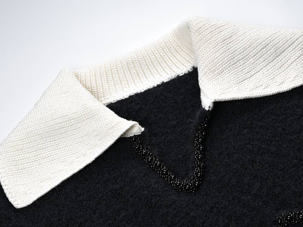 Color as pictures JK179 Navy Wool V-Neck Knit Top with Contrast Collar for wholesale on Faire3