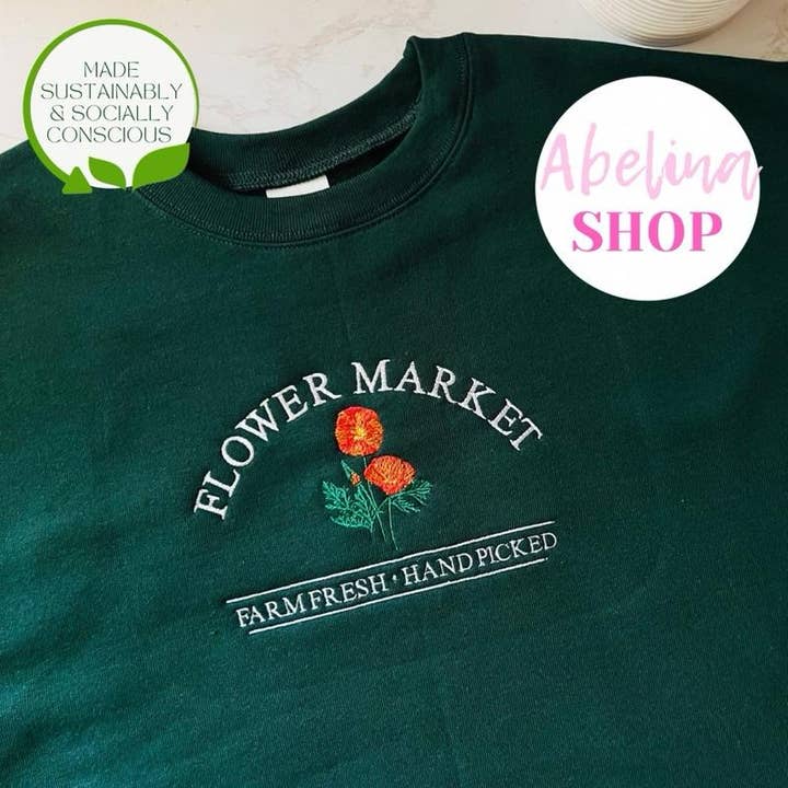 FLOWER MARKET WITH POPPY FLOWER EMBROIDERED CREWNECK SWEATER for wholesale by Abelina Shop