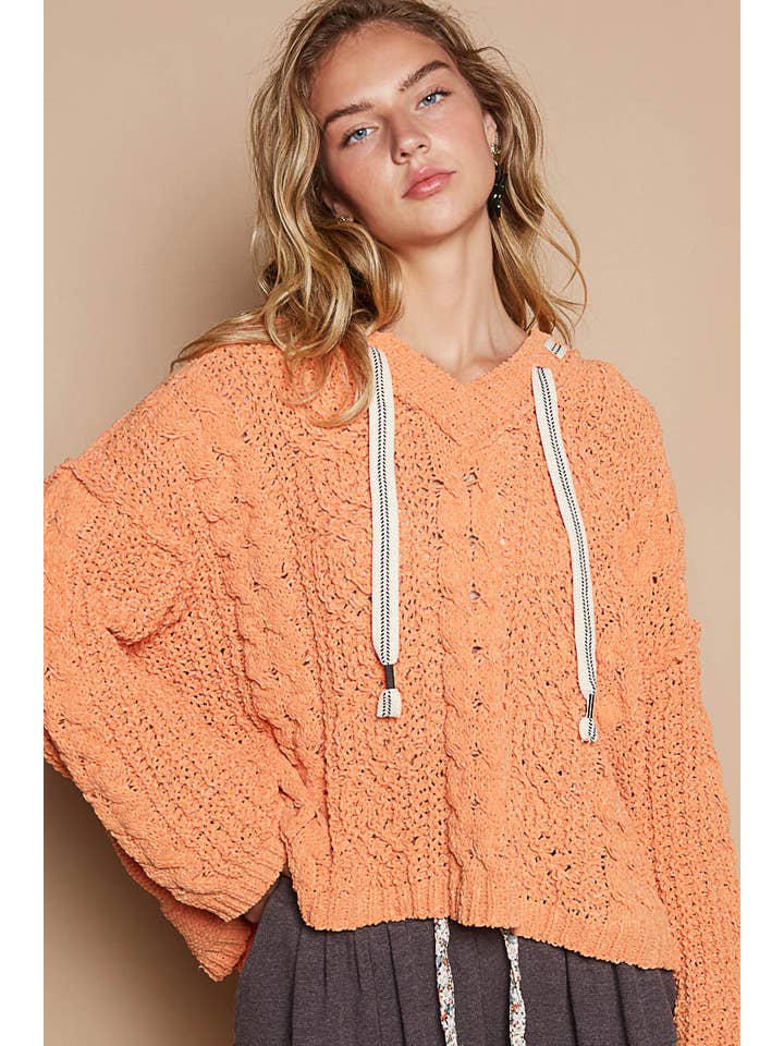 Pol Clothing - Wholesale Hoodie - Women's - Oversize fit v-neck hooded cable knit chenille sweater SALE