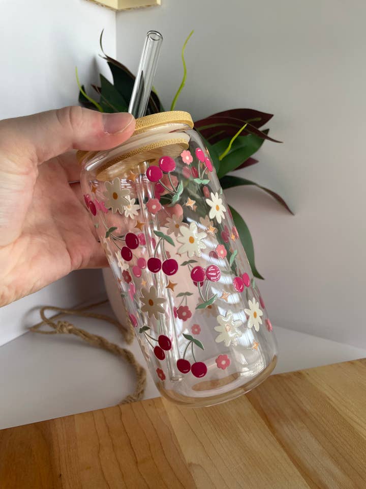 Pretty Cherries and Flowers Glass Cup with Bamboo Lid and Glass Straw for wholesale by DesignedbyKendal