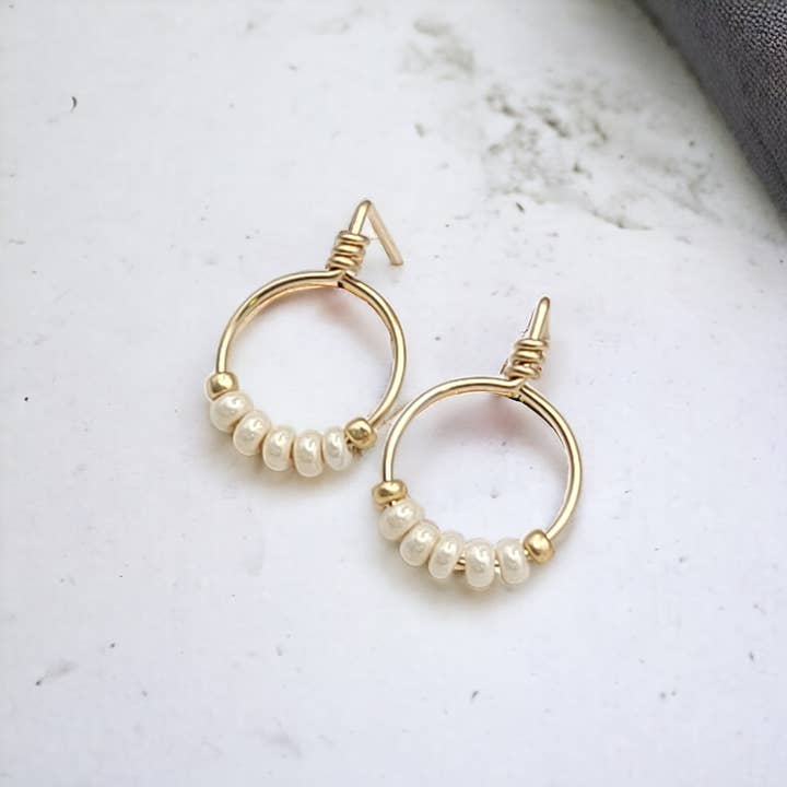 Gold & Pearl Beaded Hoop Stud Earrings -Wedding Jewelry for wholesale by Bijou by SAM