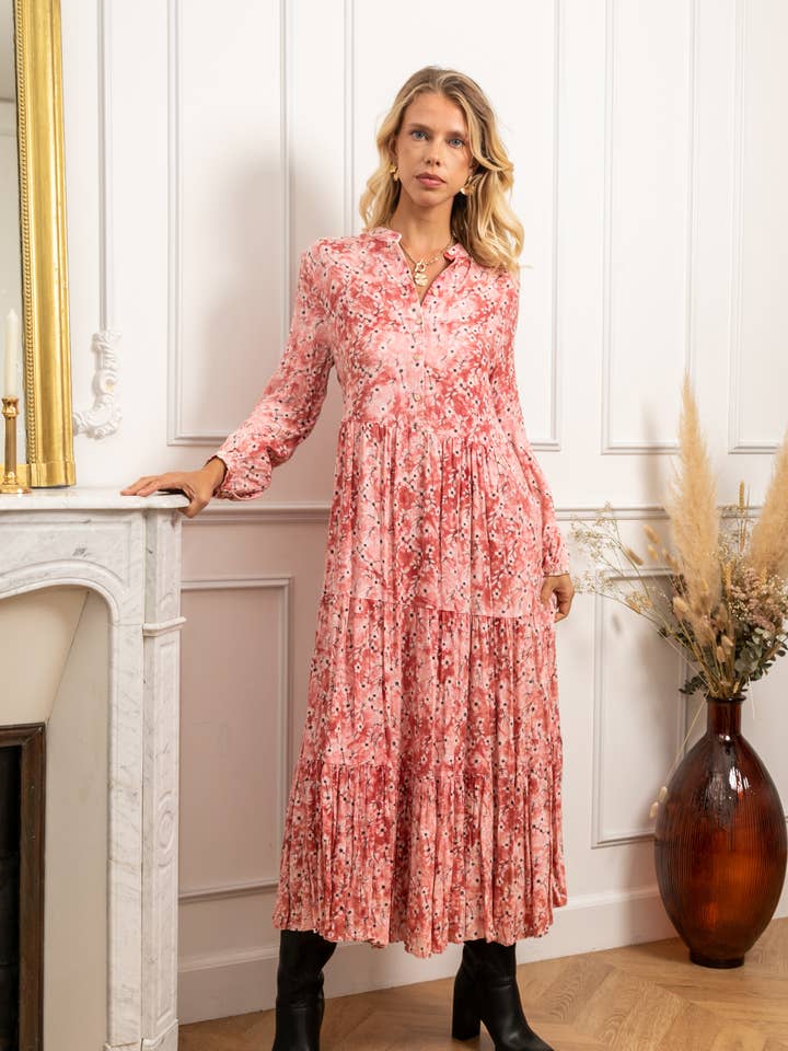 Long printed shirt dress, faded style, flared cut for wholesale by last queen