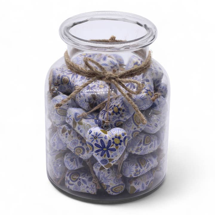 Decor Wood Hearts - Blue Floral (50) - in Jar for wholesale by Ancient Wisdom