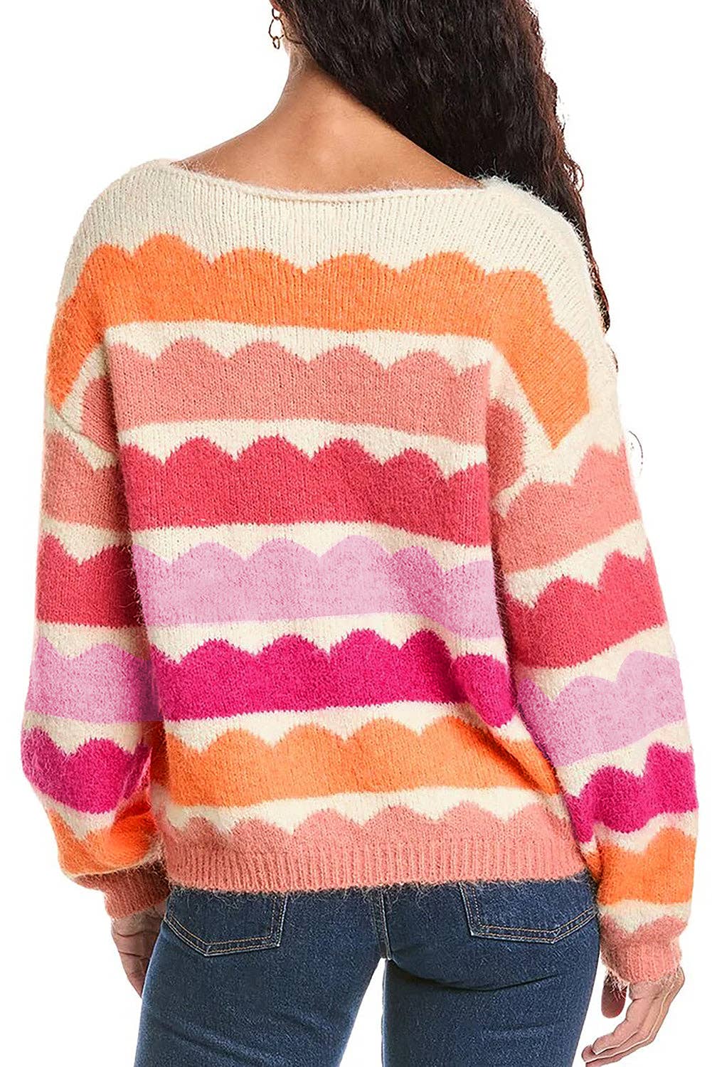 Rose Red Wave Striped Balloon Sleeve Drop Shoulder Sweater for wholesale on Faire2