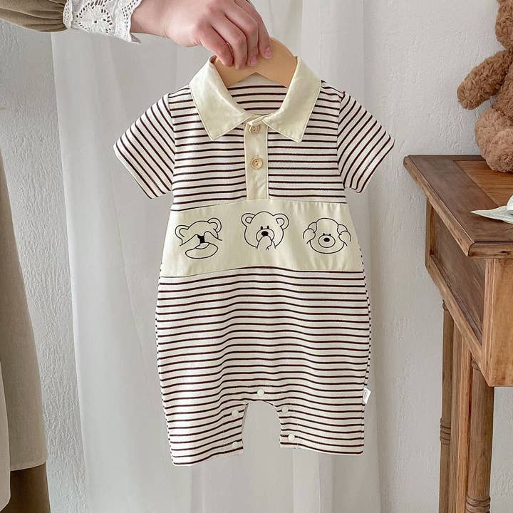 Summer Design Short Sleeves Striped Turn-Down Collar Teddy Pattern Baby Rompers for wholesale by MyKids-USA®