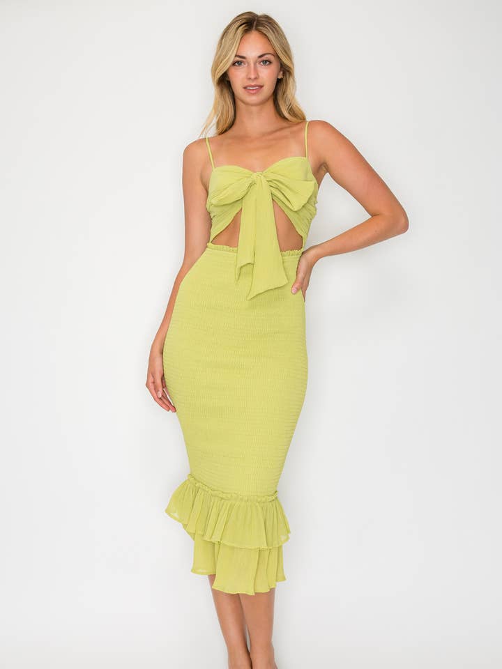 DM3464 CHIFFON ALLOVER SMOCKING CUT OUT MIDI DRESS for wholesale by Miss Avenue