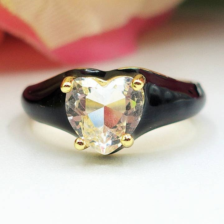 ISABELLE FLUO SMALL ~ Bague cœur émaillée avec Cubic Zirconia - Réglable pour la vente par Daemon srls