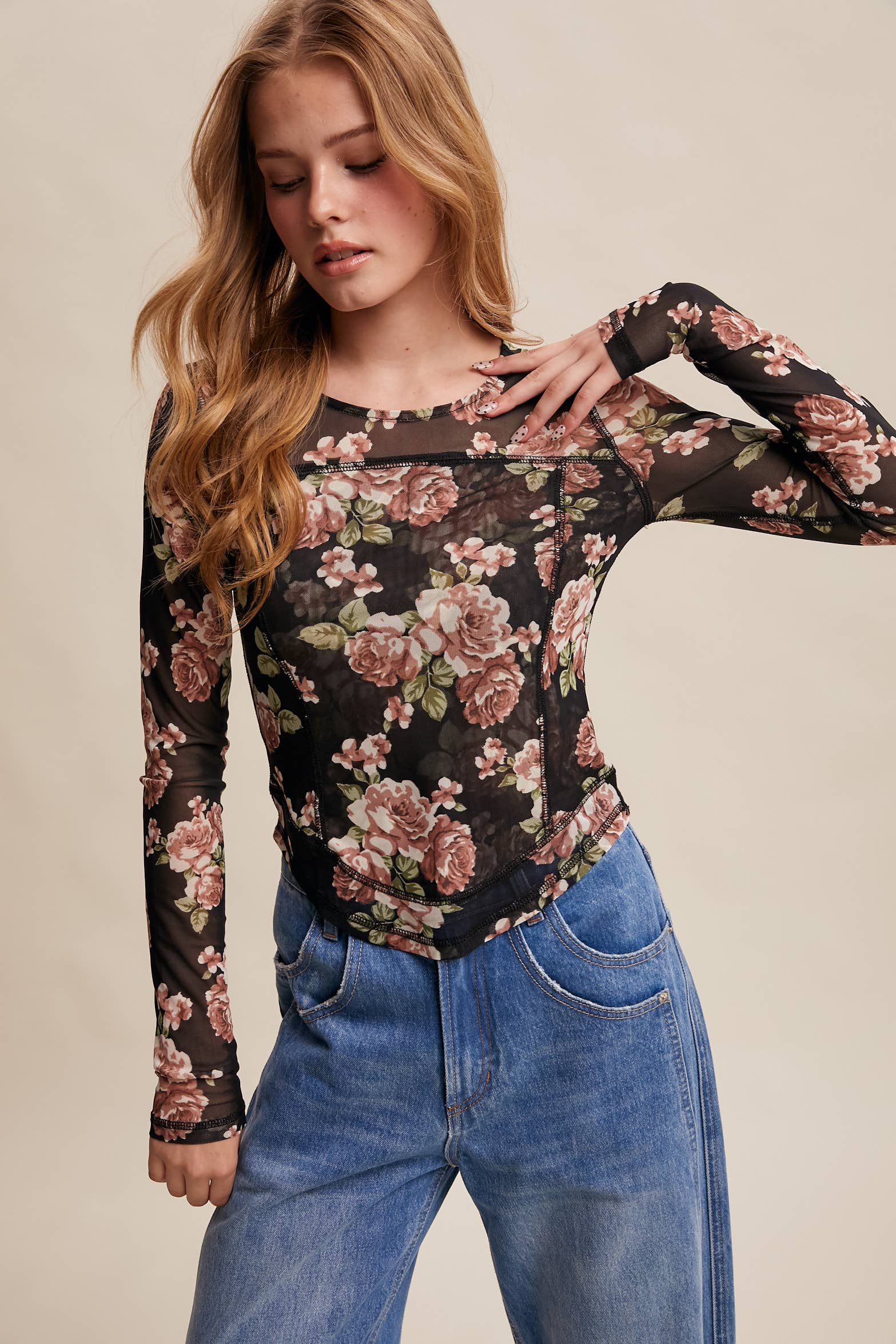Listicle - Wholesale T-Shirt - Women's - Floral Mesh Long Sleeve Layering Top37