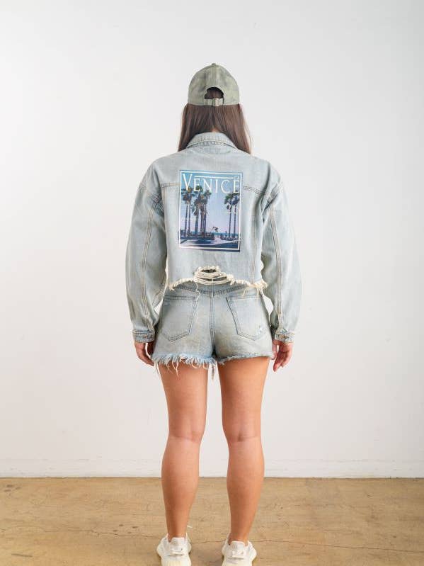 Venice Trees Magazine Crop Denim Jacket for wholesale by Trio Urban