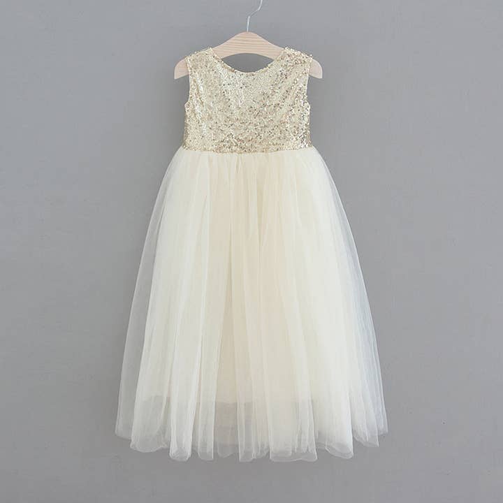 Dana-kjolen - Guldfarvet blomsterpigekjole, rosaguld paillettop, gulvlængde kjole, bånd, tutu, balkjole, boho chic, fødselsdag for engroshandel hos Nicolette's Couture