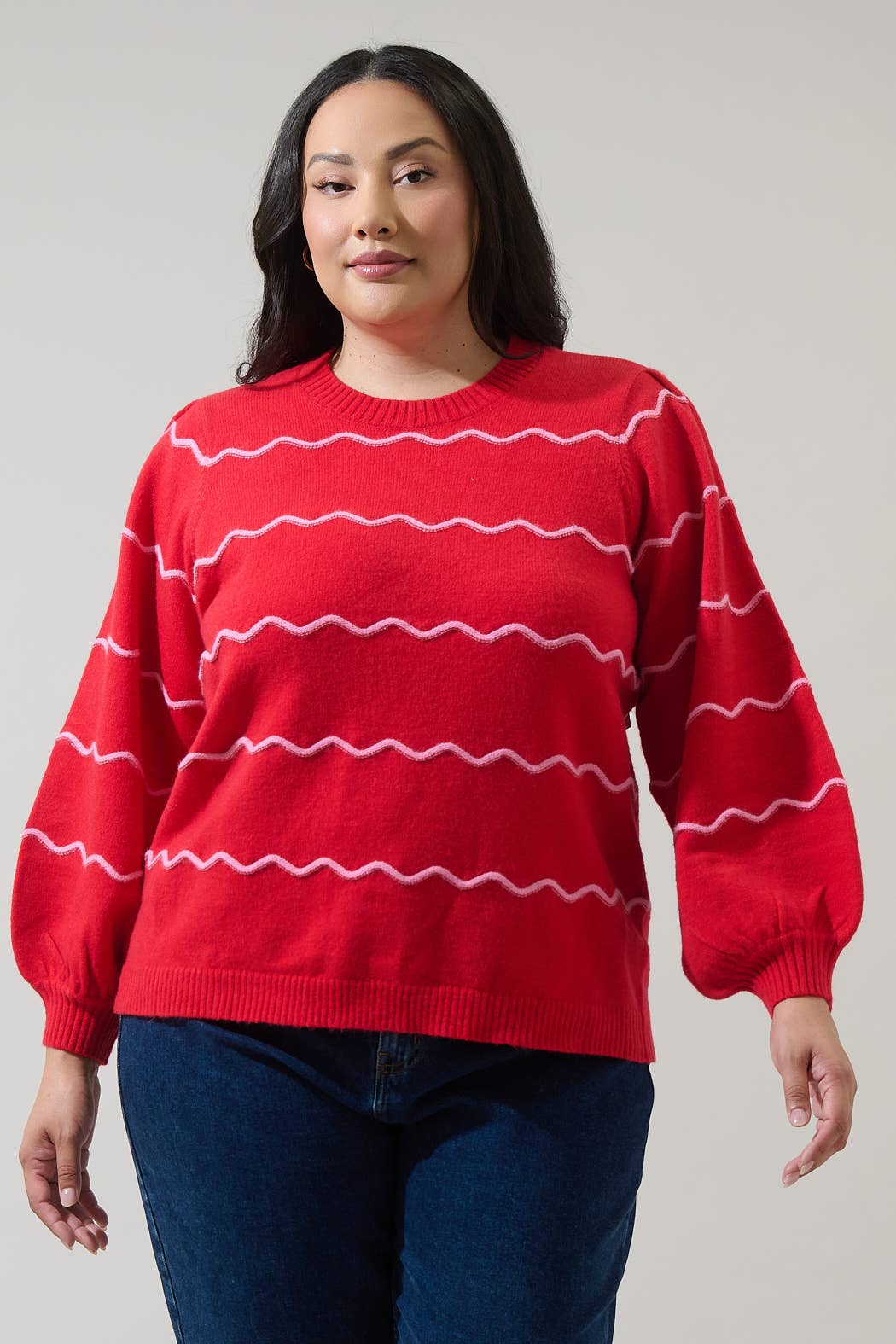 Sugarlips - Wholesale Knit Sweater - Women's - Maeverly Wavy Stripe Balloon Sleeve Sweater Curve0