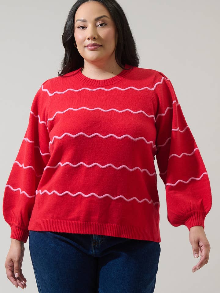 Sugarlips - Wholesale Knit Sweater - Women's - Maeverly Wavy Stripe Balloon Sleeve Sweater Curve