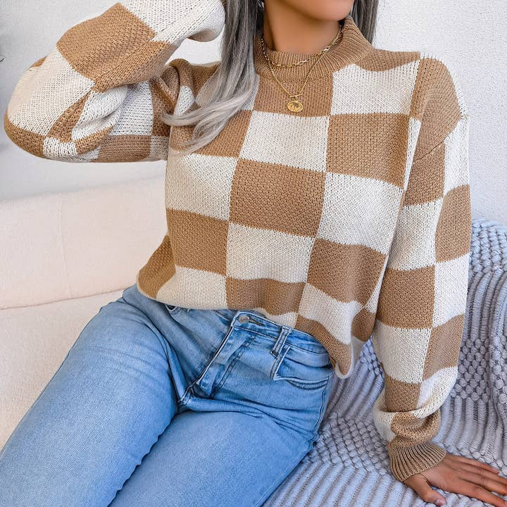 Hope & Sunshine - Wholesale Knit Sweater - Women's - Colorblock Plaid Knit Sweater For Women13