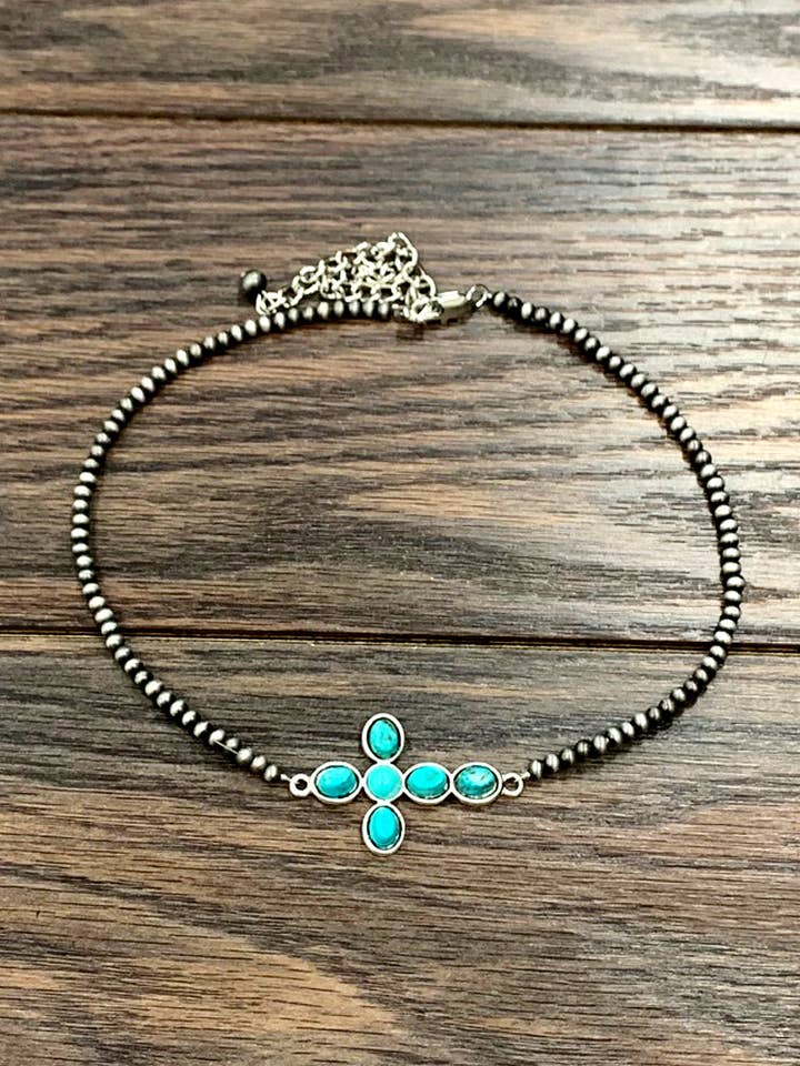 734121, 15" Handmade Navajo Sideway Cross Turquoise Necklace for wholesale by ISAC Trading Inc