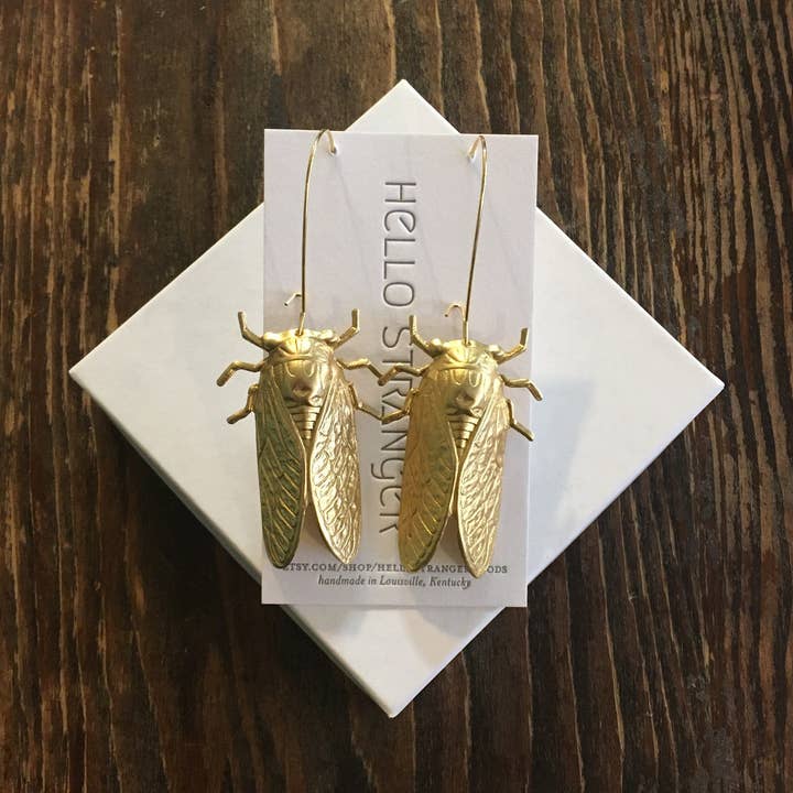 Hello Stranger - Wholesale Dangle Earrings - Handmade Giant Cicada Gold Plated Earrings - Entomology Gift0