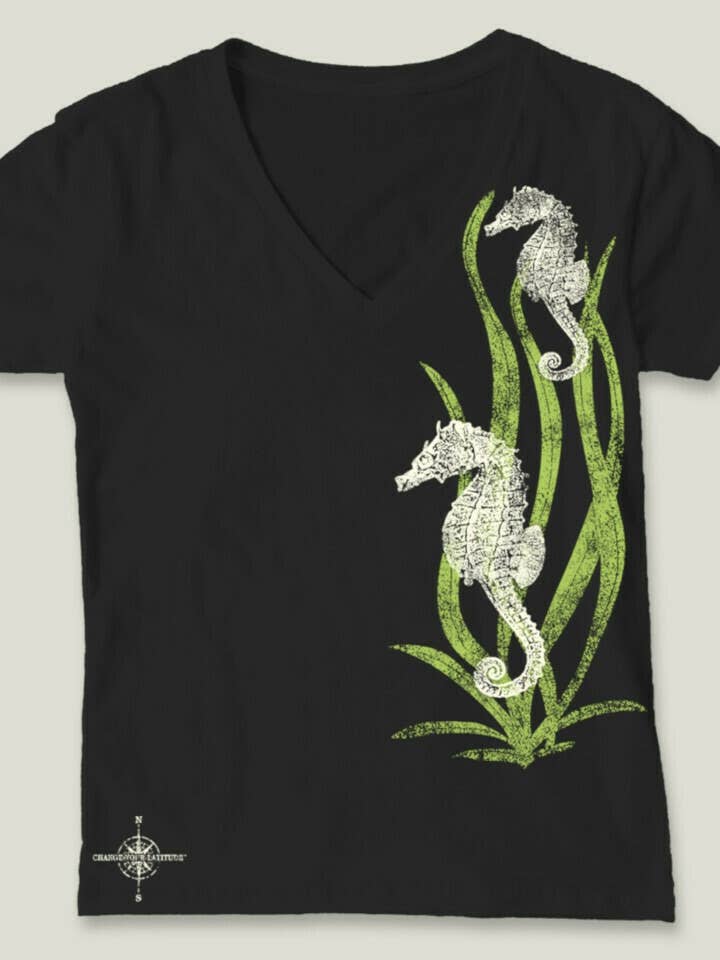 Loose Fit V-Neck Tee - Seahorses - Black for wholesale by Change Your Latitude