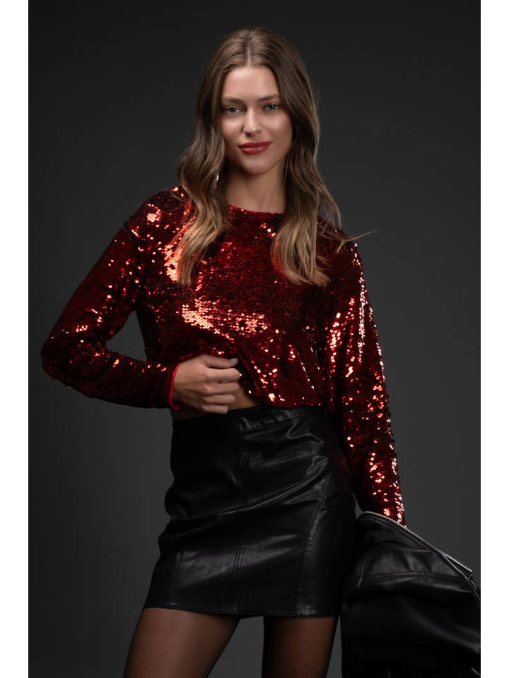 Blu Pepper - Wholesale Blouse - Women's - SEQUIN LONG SLEEVE CROP TOP