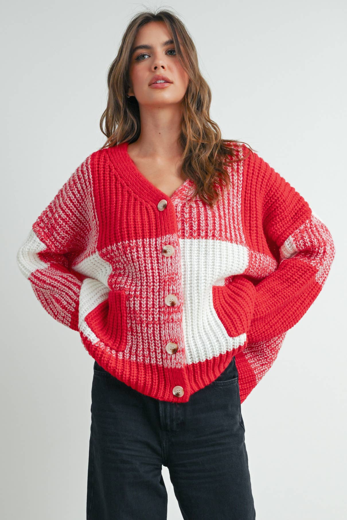 BUTTERMELON - Vendita all'ingrosso Cardigan - Donna - Cardigan oversize a quadretti con spalla scesa - BMC76074