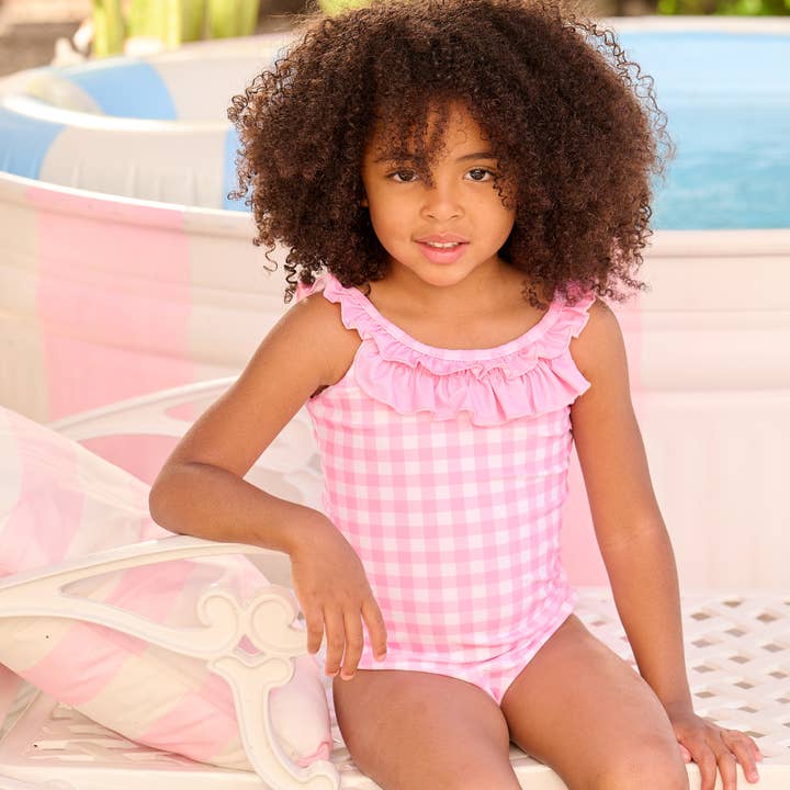 Sugar Bee Clothing - Wholesale One Piece Swimsuit - Kids - Girls Swimsuit - Bow Back - Pink Gingham1