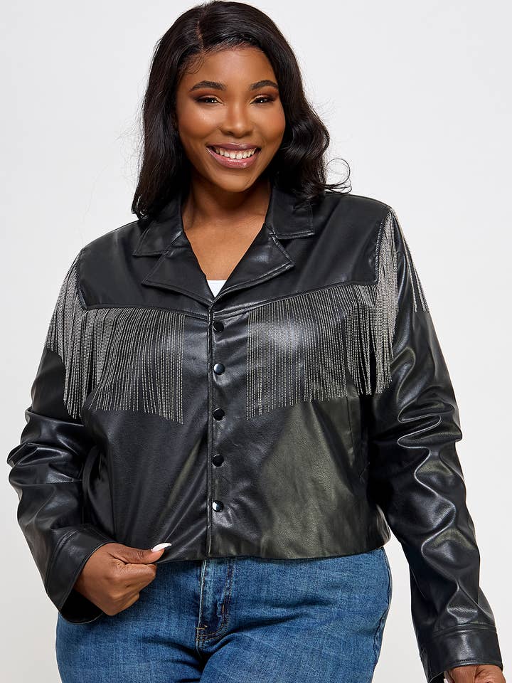 Plus in pelle PU con frange in strass con chiusura frontale a bottoni per la vendita all'ingrosso da parte di Namatt Design