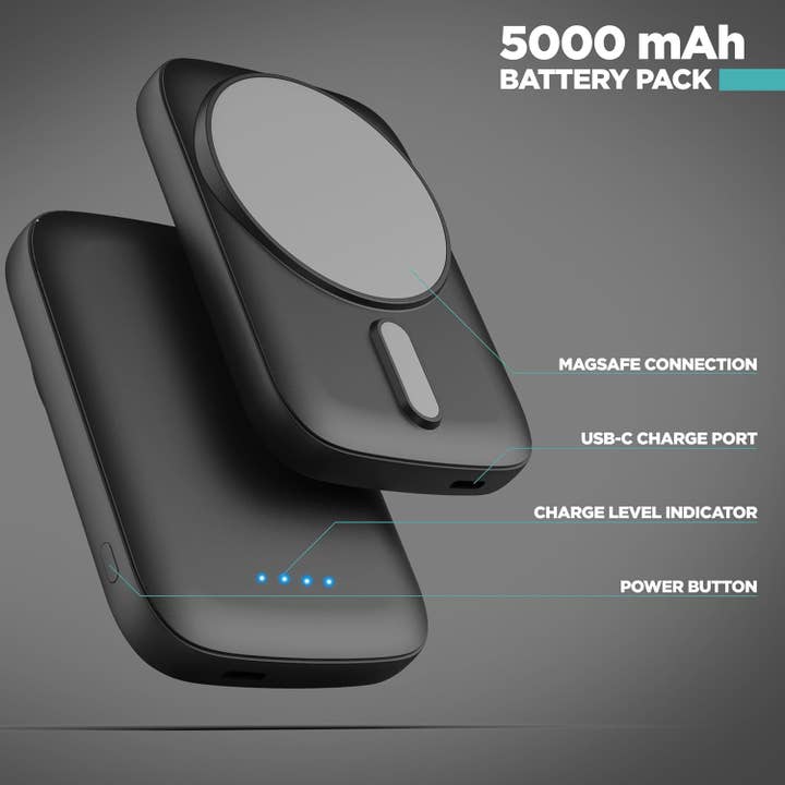 Infinite Basics - Wholesale Portable Charger - 5000mAh Ultra-Slim Magnetic Power Bank for iPhone, Compatible with MagSafe - Fast Charging Wireless Portable Charger, USB C Input Battery Pack (for iPhone 13, 14, 15 Pro Max) Black5