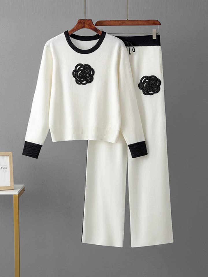 DE VAVE - Wholesale Top & Pant Set (NOT Loungewear) - Women's - Floral Patchwork Sweater and Wide-Leg Pants Set