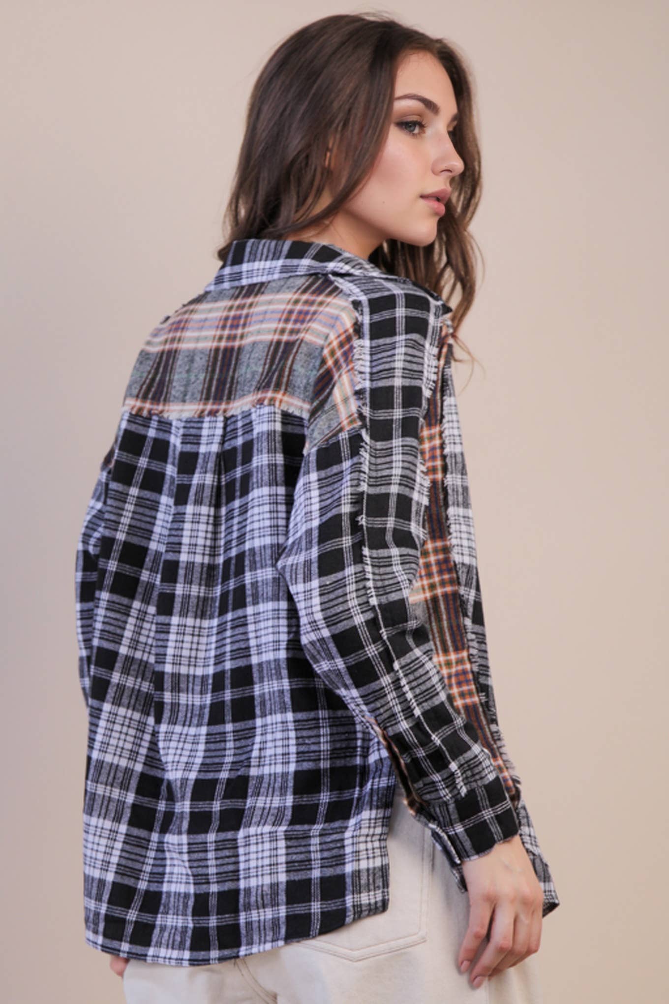 VERY J - Wholesale Button Down Shirt - Women's - NT11681-Contrast Plaid Detail Casual Shirt Top12