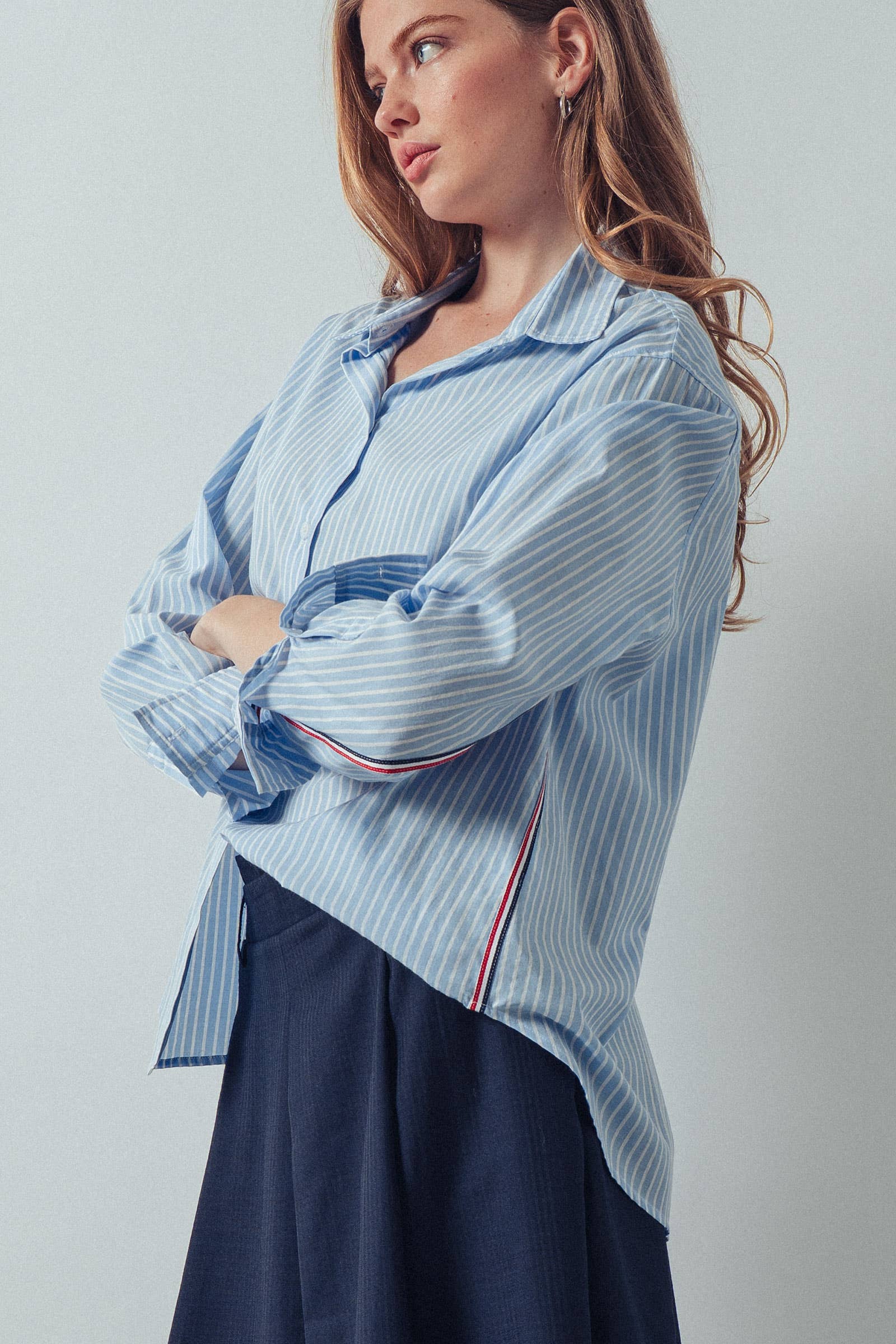 Urban Daizy - Wholesale Button Down Shirt - Women's - Striped Twill Tape Detail Statement Button Shirt1