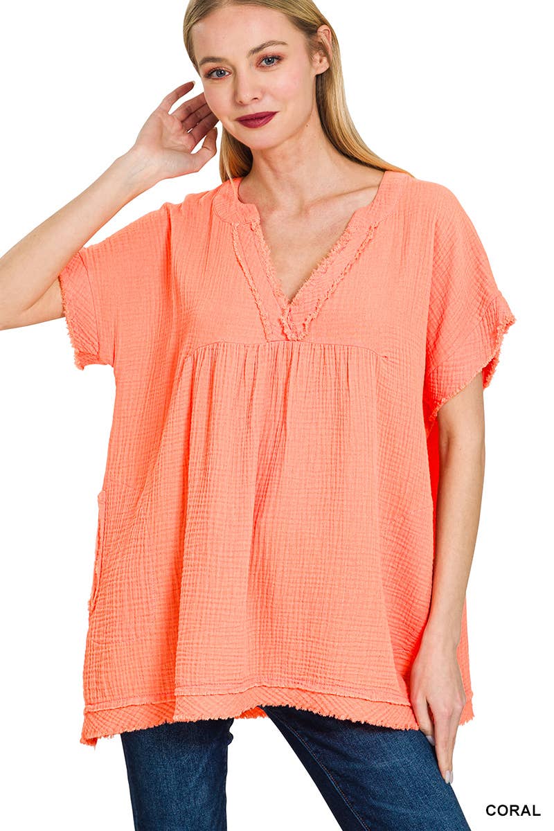 42POPS – wholesale Tunika - Dam – "Rå kant kortärmad V-ringad tröja29