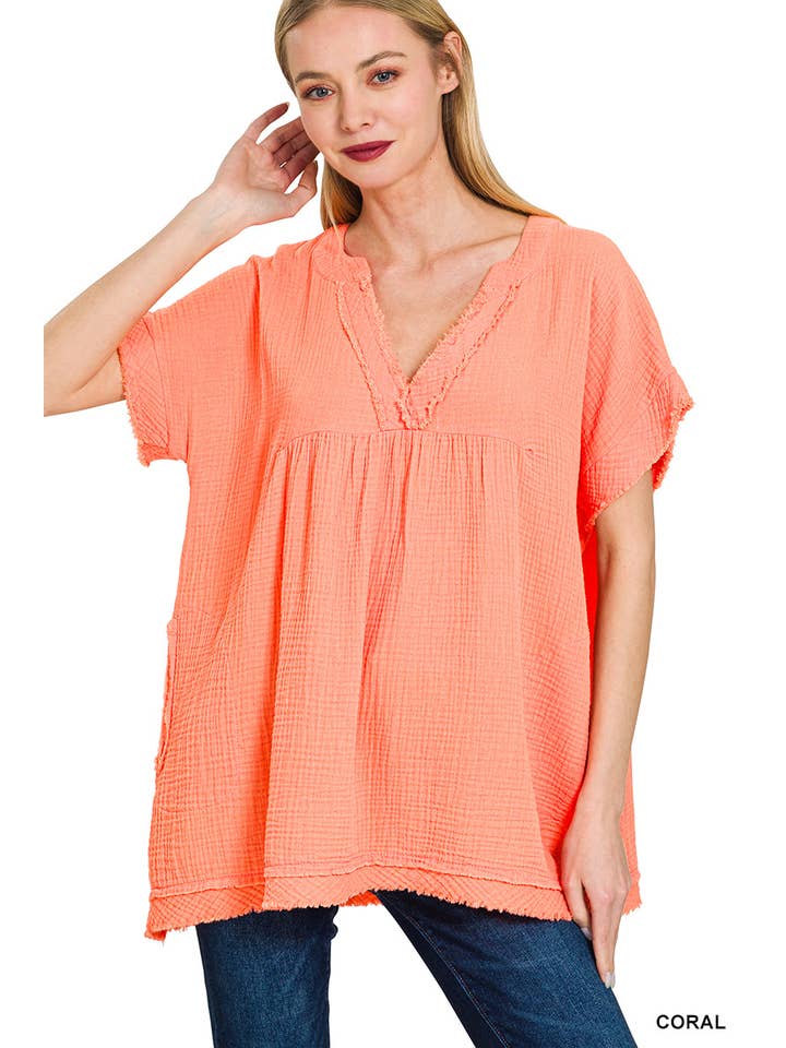 42POPS – wholesale Tunika - Dam – "Rå kant kortärmad V-ringad tröja29