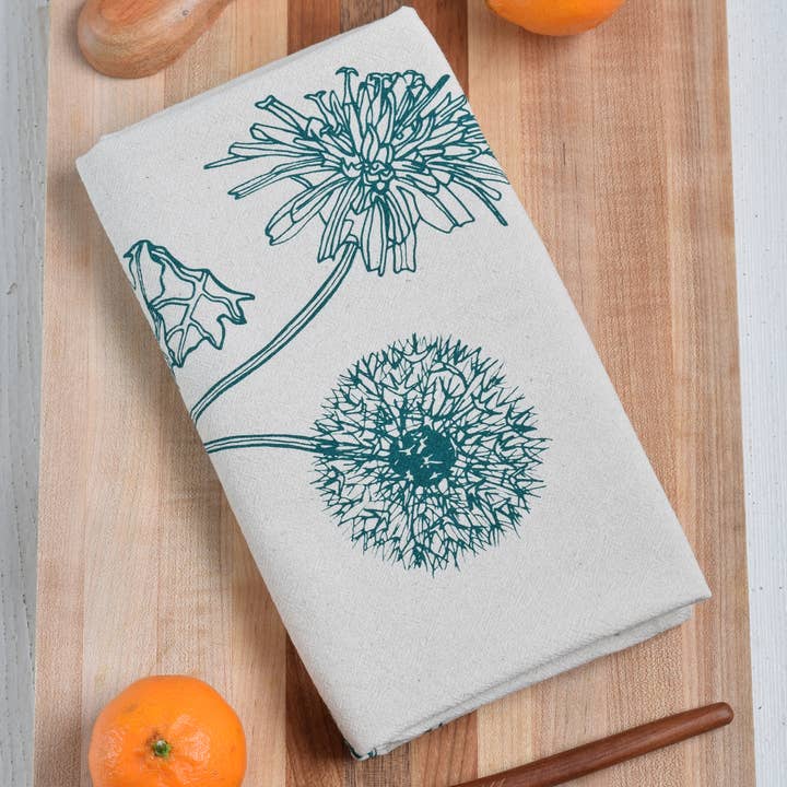 Hearth and Harrow - Wholesale Tea Towel - Organic Cotton Dandelion Tea Towel - Green - Botanical Print2