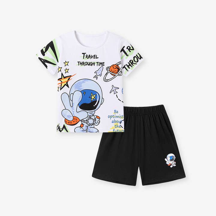Set di abbigliamento estivo per bambini, ragazzi, con maglietta a maniche corte con motivo a cartoni animati e pantaloncini neri. per la vendita all'ingrosso da parte di MyKids-USA®