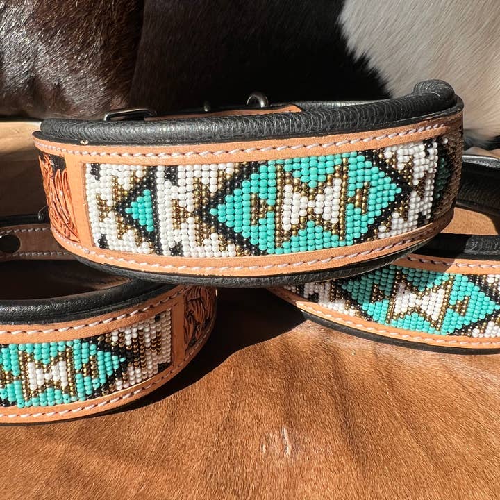 Westrian (Formerly Equipage) - Wholesale Pet Collar - Dog - Southwestern Western Tooled Leather Beaded Dog Collar - Turq