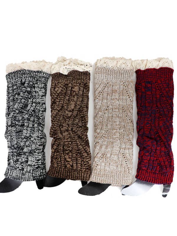 Cap Zone - Wholesale Legwarmers - Women's - Knit Pattern Lace Trim Leg Warmers