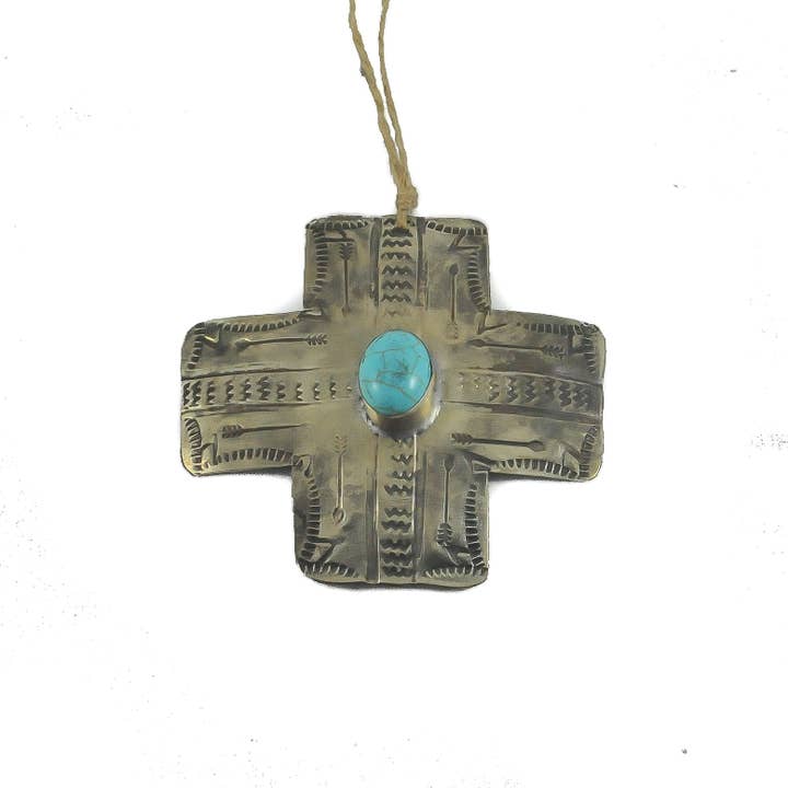 WJA-060-5-T-SL  SILVER CROSS ORNAMENT W/ TURQ for wholesale by J.Alexander Rustic Silver
