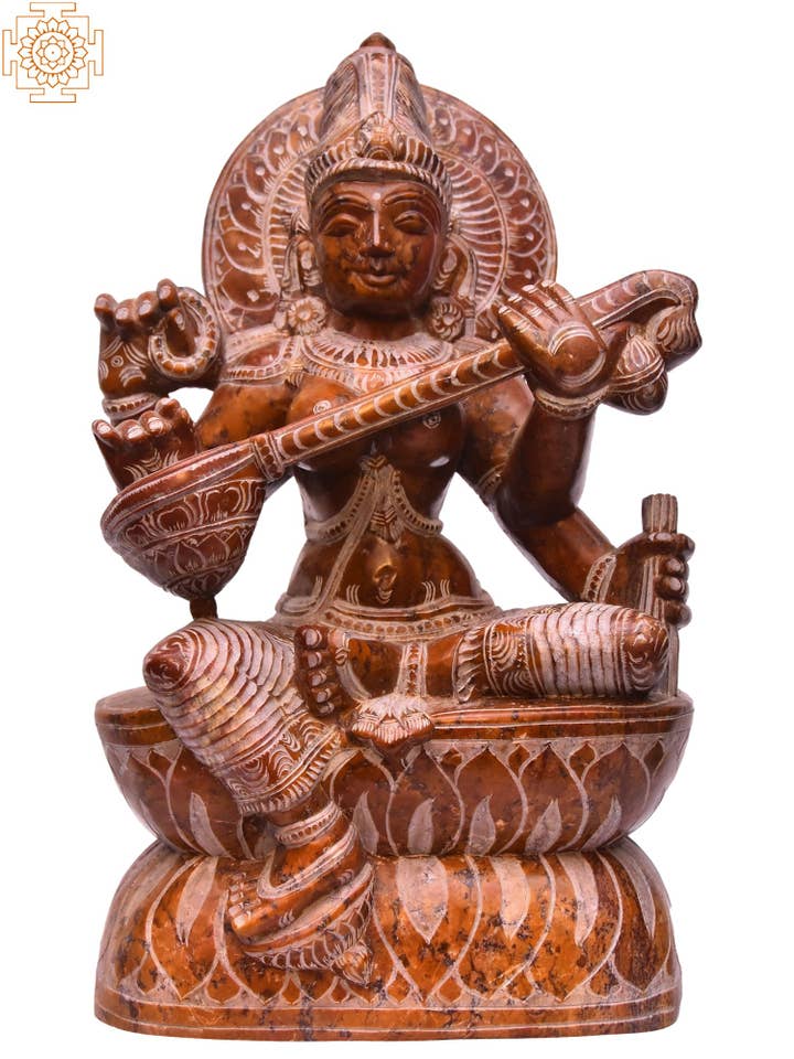 Déesse assise Saraswati, 10 pouces | Statue en pierre pour la vente par Exotic India Art