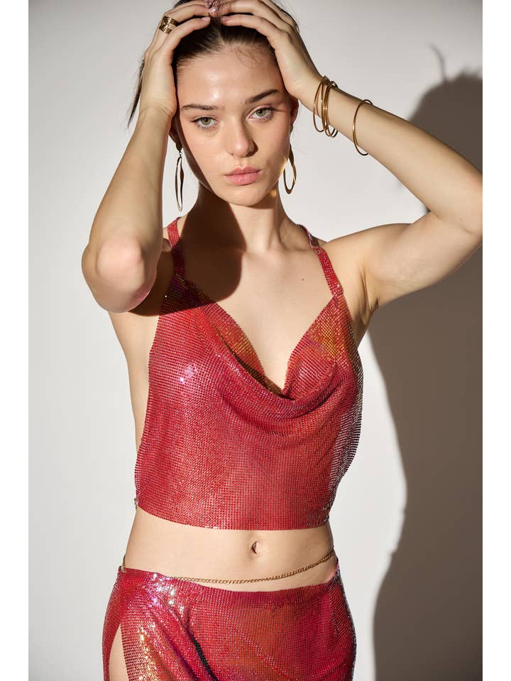 Rouge Haut dos nu drapé métallique rouge rubis en vente sur Faire3