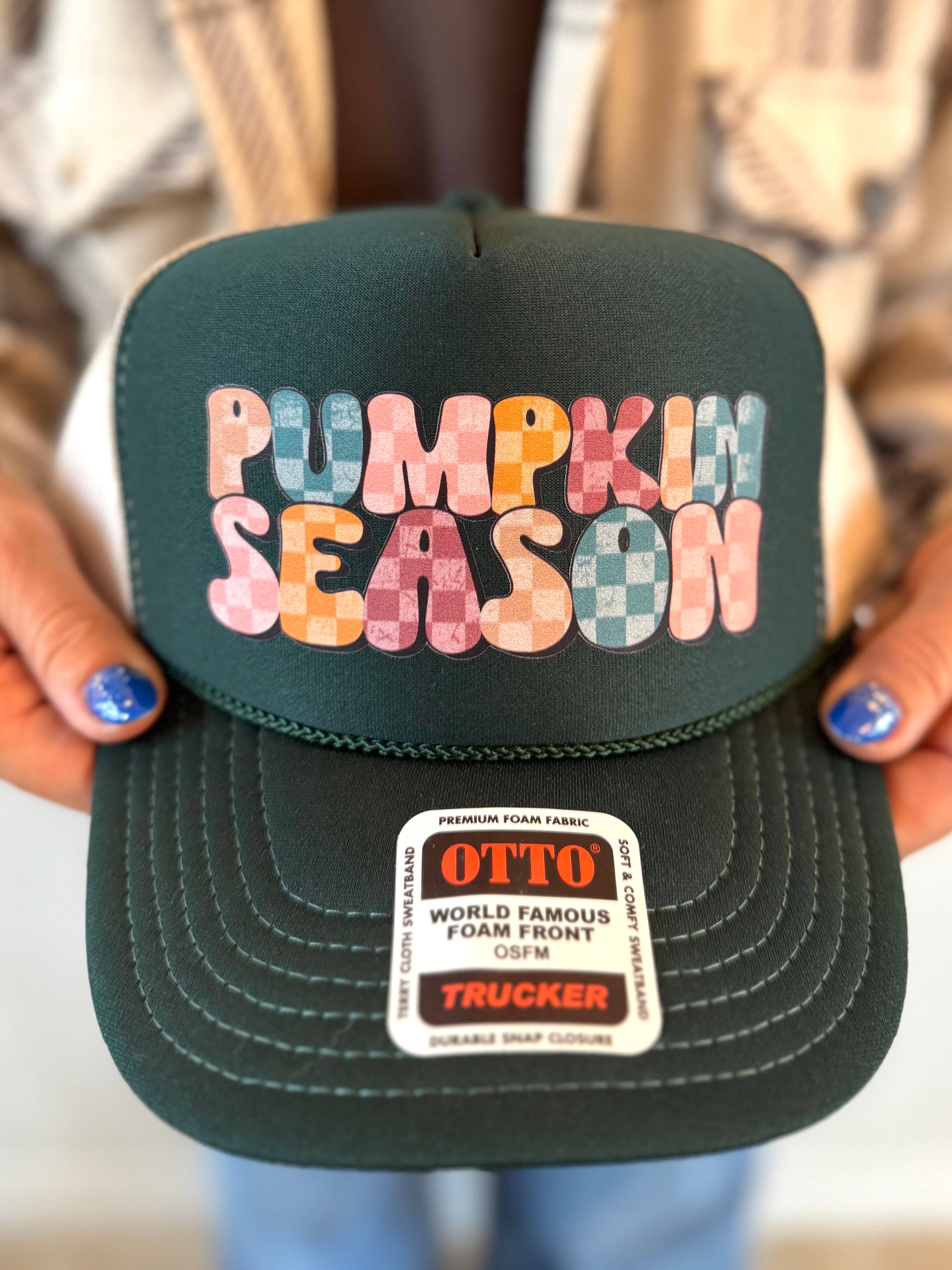 Brim and Barrel Hat Co - Wholesale Trucker Hat - Women's - Checkered Retro Pumpkin Season Fall Trucker Hat 0