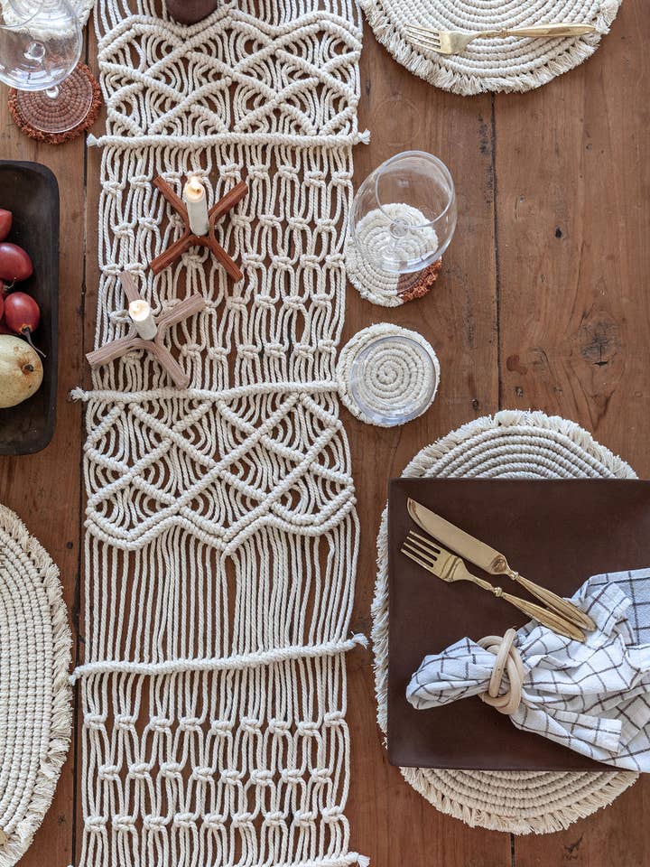 Scallop Macrame Table Runner for wholesale by Village Thrive