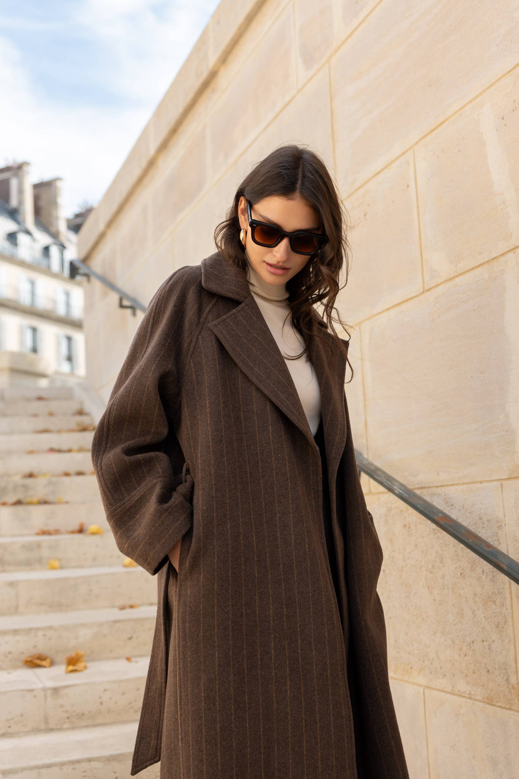 Attentif Paris - Wholesale Coat - Women's - Long coat in fine striped wool blend8