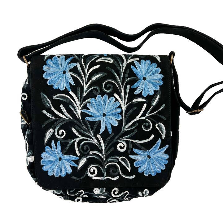 Rayz Intl - Vente Sac à bandoulière – femme - Sac messager brodé en daim noir et bleu fait main