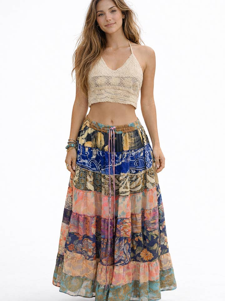Patchwork boho Skirt- One Size- Case of mixed colors for wholesale by Foutaz LLC